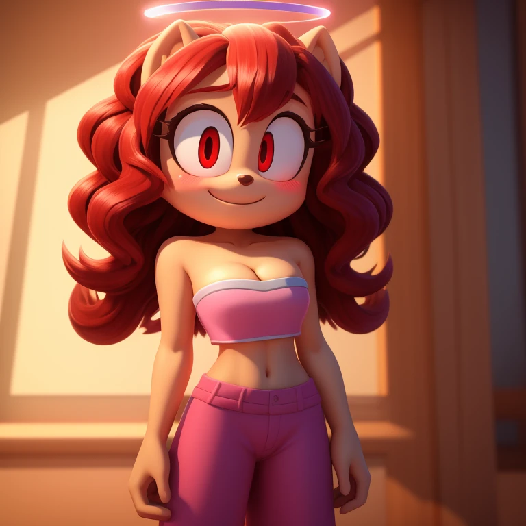 Meilin Lee, Turning Red, strapless crop top, baggy pants, high-top sneakers, cleavage, red hair, curly hair, halo, sunglasses, jewelry, red eyes, longeyelashes, red eyes, smile, shy, blush, high detail, masterpiece, UHD, anatomically correct, super detail, highres, 4K
