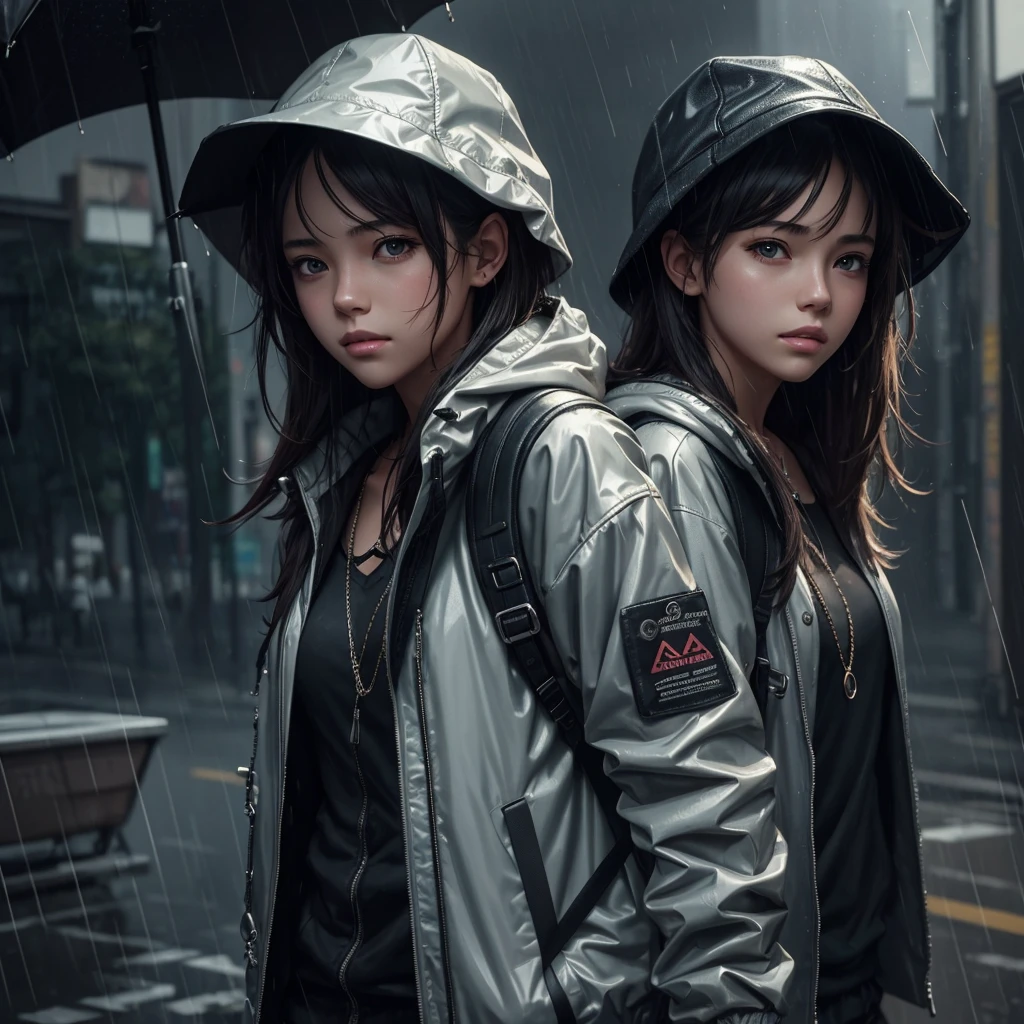 1 girl, jacket, rain, outdoor, hat, open jacket, chain, backpack, look elsewhere, messy hair, Trending on Artstation, 8k resolution, Highly detailed, Anatomically correct, Sharp picture, digital painting, concept art, Trending on pixiv, Makoto Shinkai's style,