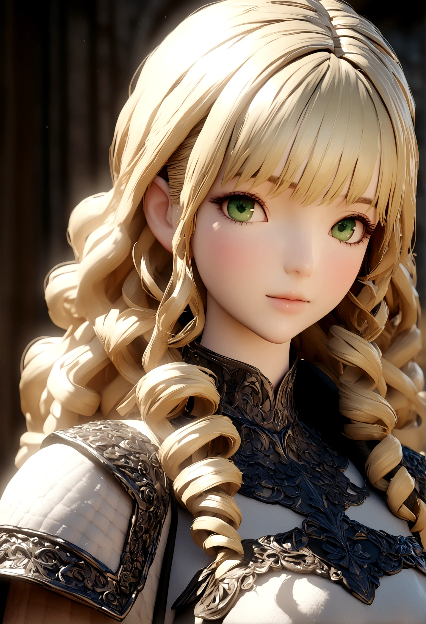 One girl, masterpiece, Highest quality, 8K, Detailed skin texture, Detailed cloth texture, Beautifully detailed face, Intricate details, Super detailed, European girl, Green Eyes, Blonde has curly hair, 3D Characters, Medieval Knight