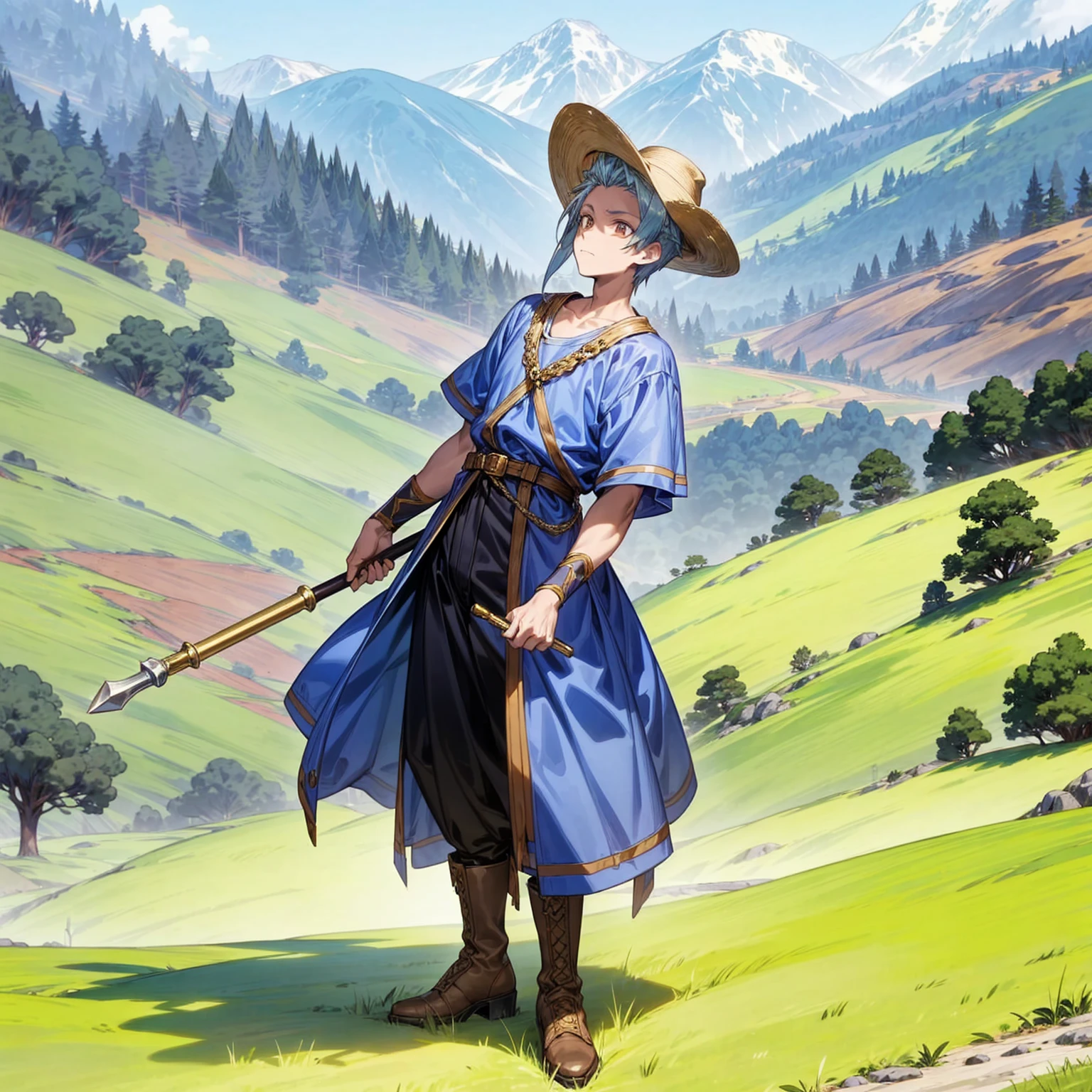 1boy, Full body version, 1character, gold eyes, tan skin, mohawk hairstyle, round eyes type, gold colour hair, blue cowboy hat, Renaissance clothing, gray color clothing, Ancient Roman boots, (hammer in hand), Grassroots background in mountain fields