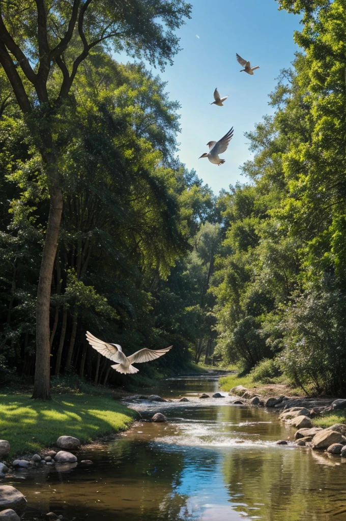 An enchanting scene of a once-flowing stream that is now slowly drying up, with two mesmerizing white doves residing by it. The doves are seen flying gracefully, each holding a wooden stick in their beaks. Simultaneously, a magical turtle, seemingly transformed, emerges from the stream, miraculously lifting itself off the ground and soaring through the sky while holding the same stick in its mouth. The atmosphere exudes a sense of wonder and mysticism, with soft, warm sunlight filtering through the trees.