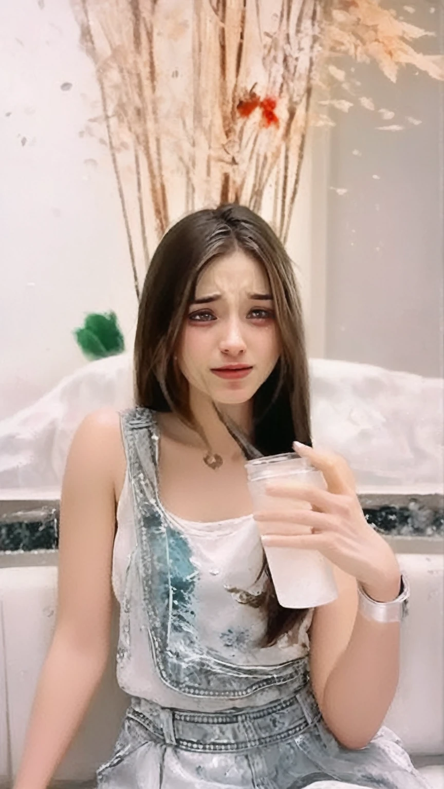 A crying girl wiping glass, beautiful detailed eyes, beautiful detailed lips, extremely detailed face and skin, longeyelashes, realistic, 1 girl, masterpiece, best quality, 8k resolution, photorealistic, portrait, cinematic lighting, dramatic chiaroscuro, moody atmosphere, emotional expression, introspective, melancholy, glass texture, reflections, warm color tones