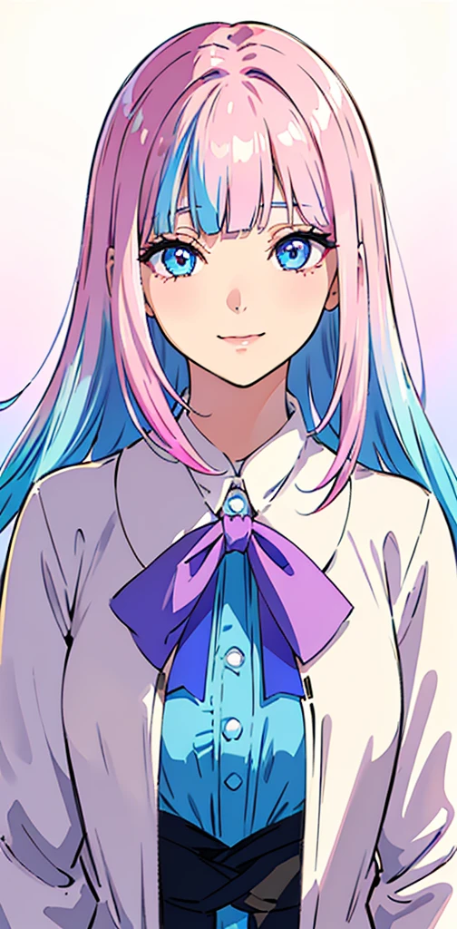 Realistic、One girl、fluorescence Pink Hair、blue eyes、(Eye focus:1.3,Face Focus:1.3,Upper Body:1.5),(Gradient Eye:1.3),(blouse)、Open your mouth,(A light smile:1.3),Blunt bangs、Cute face,Portraiture,hyper detailed, eye closeup shot