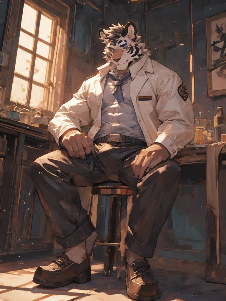 {{bara extremely handsome white tiger,}} {{white fur,}} white, wearing military like purple trench coat, purple trousers, white dress shirt and necktie, white fluffy furry body and limbs, loafers, very tall, very broad shoulders, narrow waist, muscular arms, massive pecs, purple eyes, very long legs, sitting on swivel chair with legs spread, perspective, massive bulge, reading file, sophisticated hot look, sexy pose, full body, sunlight casting over, 3/4 view, best quality, high quality, silver earring on left ear, sultry smirk