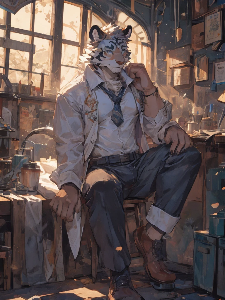 {{bara extremely handsome white tiger,}} {{white fur,}} white, wearing military like purple trench coat, purple trousers, white dress shirt and necktie, white fluffy furry body and limbs, loafers, very tall, very broad shoulders, narrow waist, muscular arms, massive pecs, purple eyes, very long legs,  sitting on swivel chair with legs spread, perspective, massive bulge, reading file, sophisticated hot look, ???? pose, full body, sunlight casting over, 3/4 view, best quality, high quality, silver earring on left ear, sultry smirk