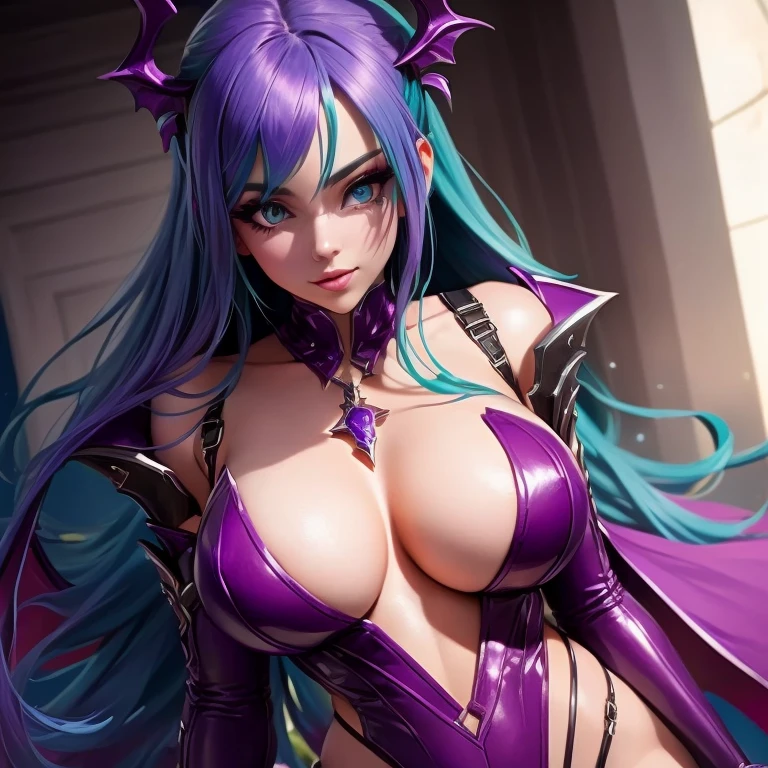 a close-up of a woman in a sexy purple and blue outfit, long purple and blue hair, extremely detailed artegerm, beautiful succubus, artegerm detailed, artegerm. High detail, Model IG | artegerm, as seen on artegerm, seductive anime girl, artegerm 4k, artegerm style, (average breasts and exposed). (thick body).