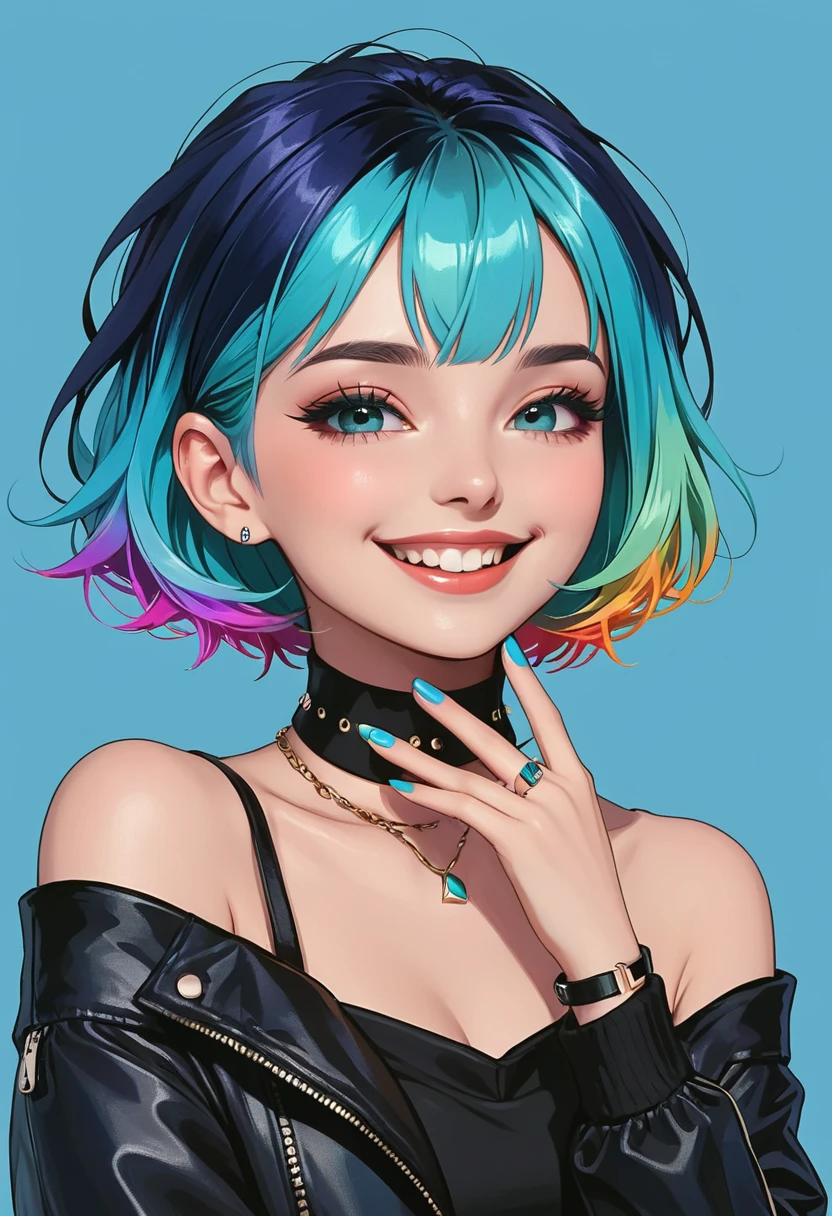 1girl,aqua nails,black jacket,blue nails,choker,gradient,gradient background,hand on own face,jacket,multicolored hair,nail polish,off shoulder,short hair,smile,solo