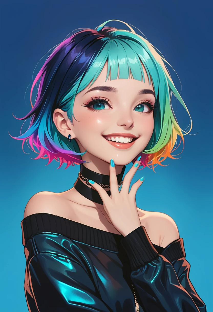 1girl,aqua nails,black jacket,blue nails,choker,gradient,gradient background,hand on own face,jacket,multicolored hair,nail polish,off shoulder,short hair,smile,solo