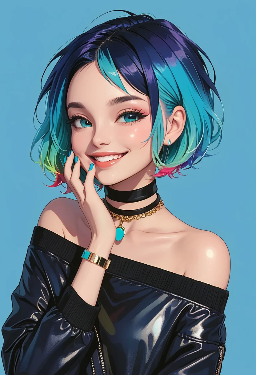 1girl,aqua nails,black jacket,blue nails,choker,gradient,gradient background,hand on own face,jacket,multicolored hair,nail polish,off shoulder,short hair,smile,solo