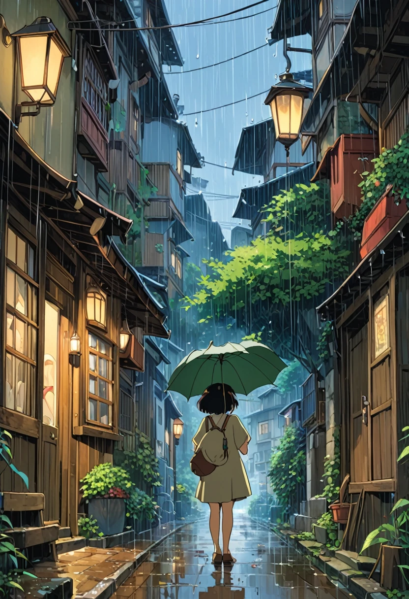 Studio Ghibli-style anime movies, Movie stills, Highest quality, masterpiece, Representative works, Official Art, Professional, Super intricate details, 8K, rain,I can see the back of a girl holding an umbrella.