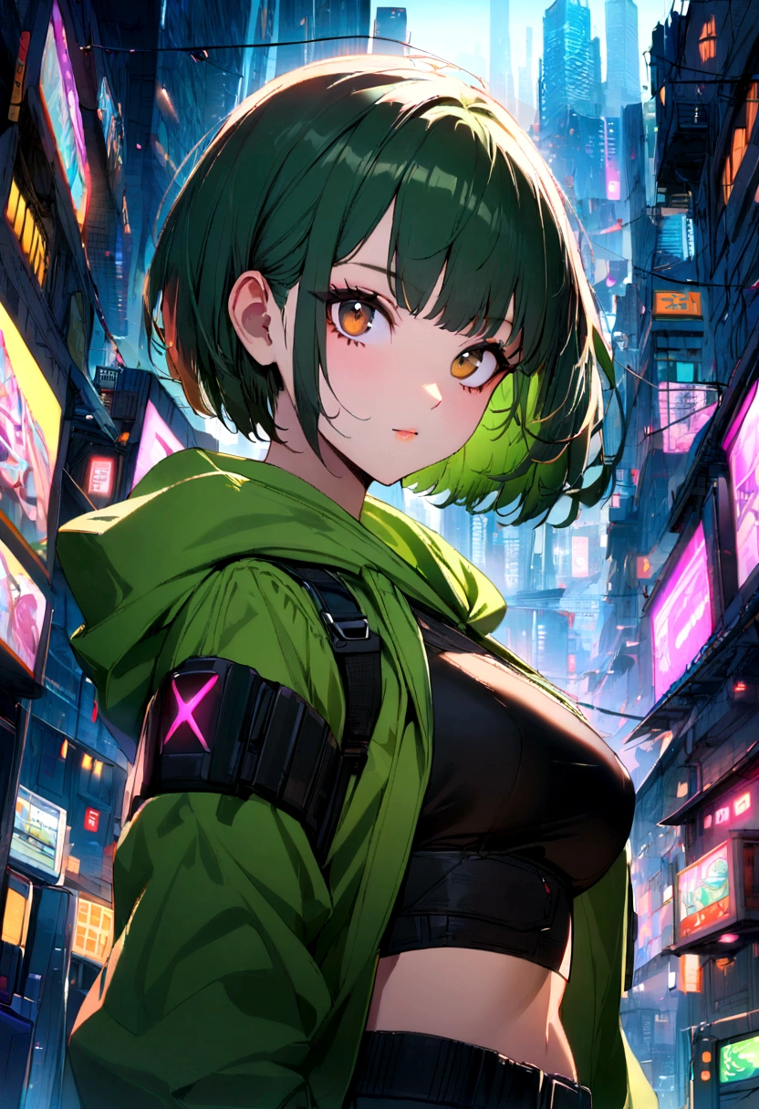 1girl, dark-green short bob cut hair, brown eyes, a black crop top and a green hoodie, looking at viewer, cyberpunk city