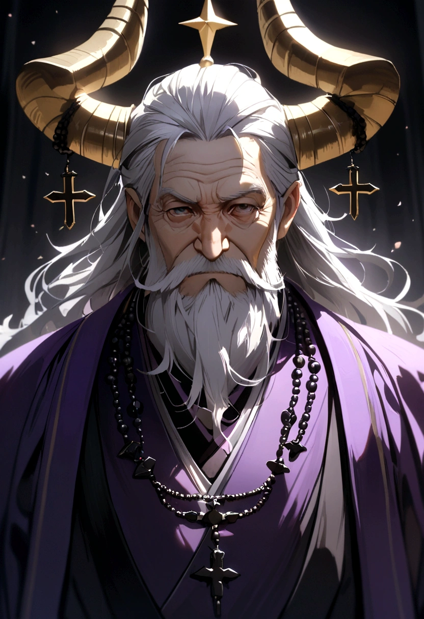 A purple kimono with black decorations, a devilish face, an old man with white hair, a white beard, a large rosary around his neck, and a horn on his head.
