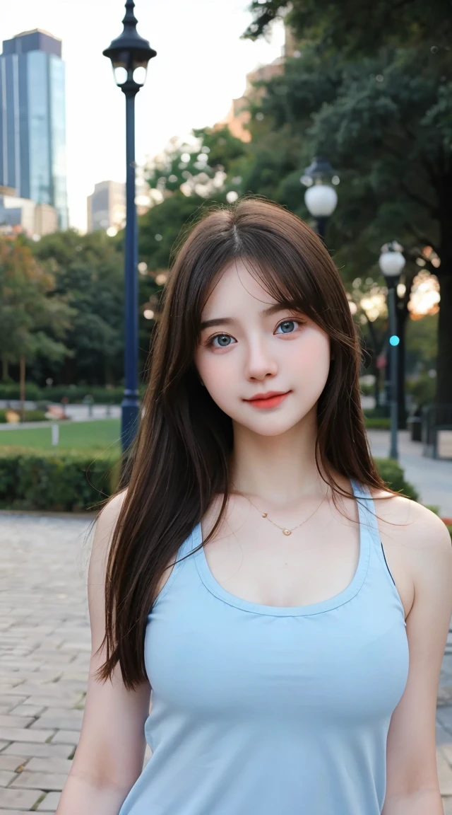 Gorgeus Girl, Beautiful, Baby Face, 20 Years Old, White Skin, Beside, Sexy Pose, wearing tank top, Blue Eye, Bokeh, park Background, Masterpiece, asking for a hug, full body Shot