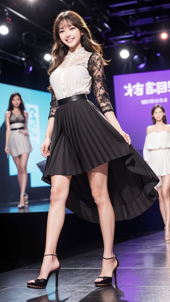 Amazingly large eyes、Smiling expression with white teeth visible、H cup bust、50cm waist、Slender and fair-skinned、Japan woman with long hair、20-year-old、Slim figure、Wearing a pleated skirt and a sheer lace blouse that flutters in the vivid breeze、Wearing high heels。On the runway at a fashion show、Her whole body was shown, from her high heels to her head, as she walked towards the viewer.、Bright, photo-quality images。
