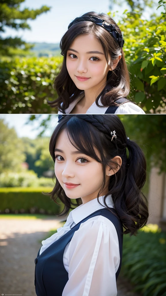 (realistic, photo realistic:1.37), incredibly absurdres, (insanely detailed:1.3), 16k, (masterpiece), (best quality:1.4), (ultra high res:1.2), 1 nogizaka girl, utterly cute, (bishojo:1.35), (15yo:1.4), ((alice and the pirates fashion)), detailed beautiful dress, hair accessory with blue rose, exquisitely detailed beautiful face and eyes and skin, detailed black shine hair, full body, perfect anatomy, smile at the camera, professional lighting, petit trianon garden and farmhouse, view a village and lake, ultra detailed background