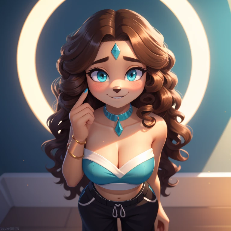 Katara, strapless crop top, baggy pants, high-top sneakers, cleavage, two-tone hair (brown hair, black tip)), curly hair, halo, sunglasses, jewelry, turquoise eyes, longeyelashes, turquoise eyes, smile, shy, blush, high detail, masterpiece, UHD, anatomically correct, super detail, highres, 4K