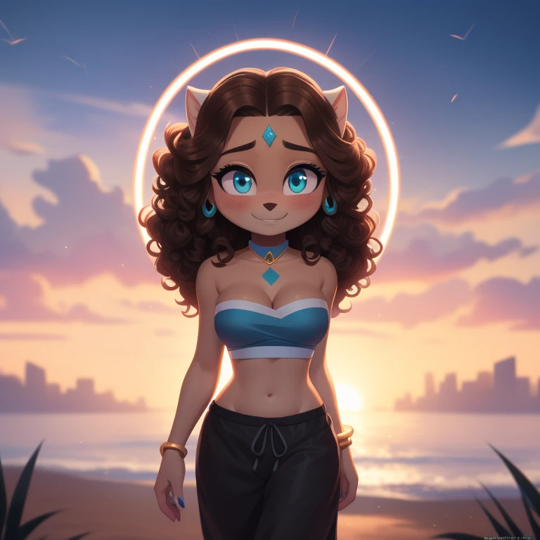 Katara, strapless crop top, baggy pants, high-top sneakers, cleavage, two-tone hair (brown hair, black tip)), curly hair, halo, sunglasses, jewelry, turquoise eyes, longeyelashes, turquoise eyes, smile, shy, blush, high detail, masterpiece, UHD, anatomically correct, super detail, highres, 4K