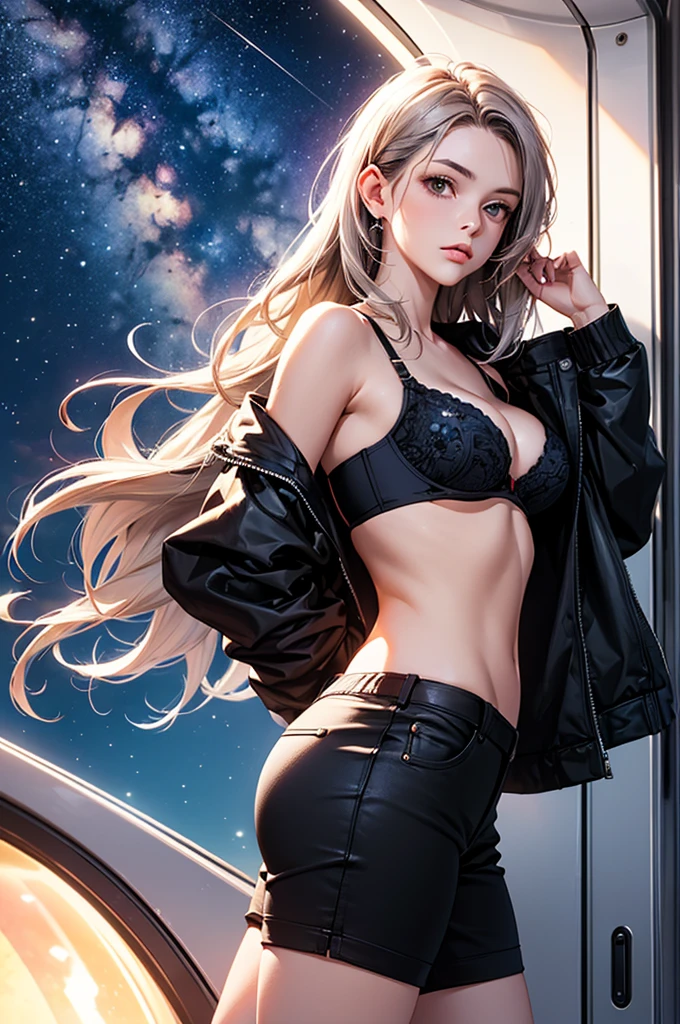 (masterpiece:1.5, Highest quality, Very detailed、 Dutch Angle、Realistic、2.5D、Realistic)(One Girl, alone)(Silver Hair:1.6,,Straight Long Hair)(Sports Bra、Jacket:1.5、Shorts、tightedium breasts, Beautiful cleavage,underboob))(from side),(Beautiful starry sky、Mystical Night、Particles of light float around the woman、Fantastic space、luxury passenger ship)