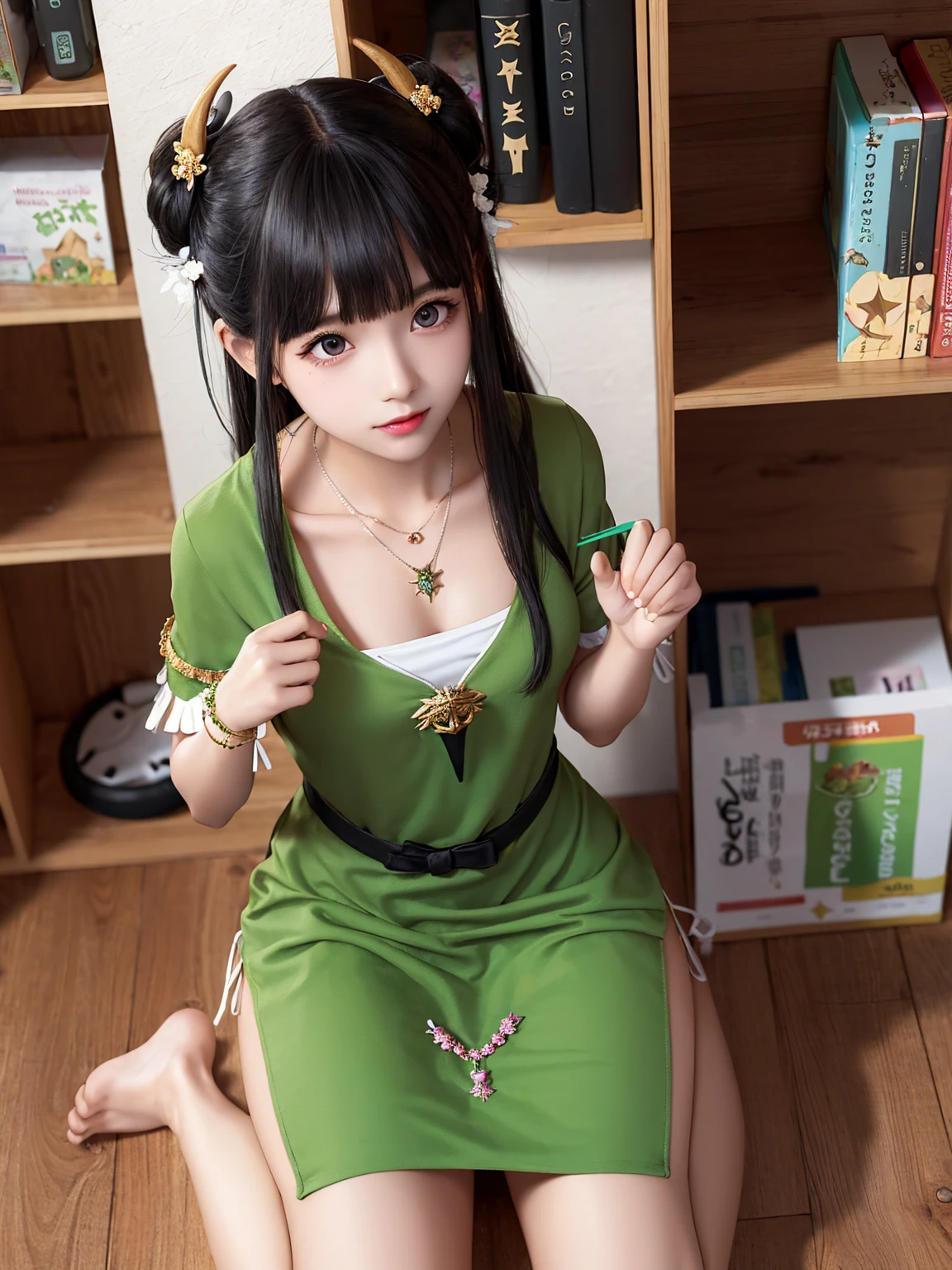 girl wearing green masic dress,(Casting a Spell:1.5)、、,Black Hair、girl、Bun Hair、hair ornaments、necklace、back、Devil horns、Anatomically correct