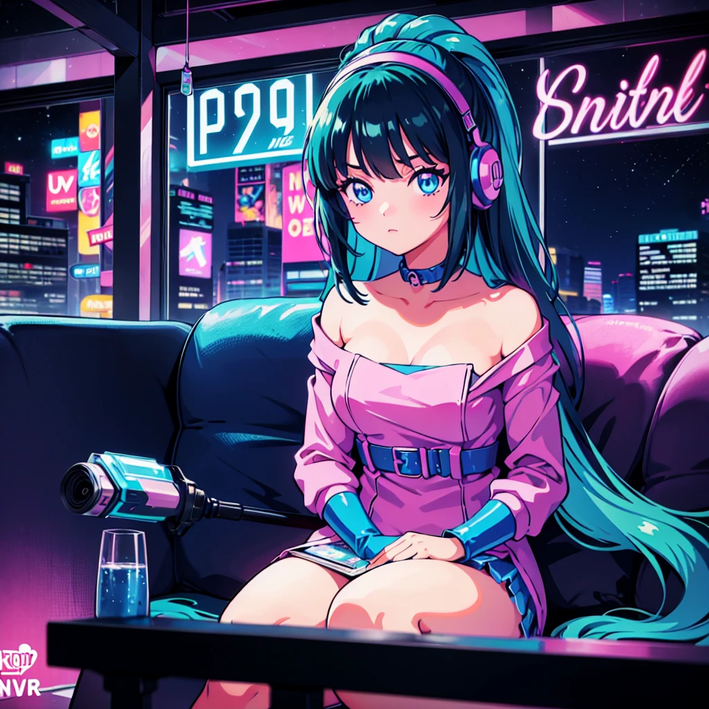 (masterpiece), Highest quality, Expressive eyes, Neon pastel aesthetics, Retro 90s, Neon color,((Girl sitting on sofa,In a cozy room,Records hanging on her wall, Comic books on the floor, Looking out the window behind her at the night city, Upholstered room, Anime figures lined up on a shelf)), Wearing headphones, (All around her it sparkles), (Wearing high socks and heels), (blue eyes), (Soft look), (Synthwave Art Style), Colorful Hair, Desk with PC set up