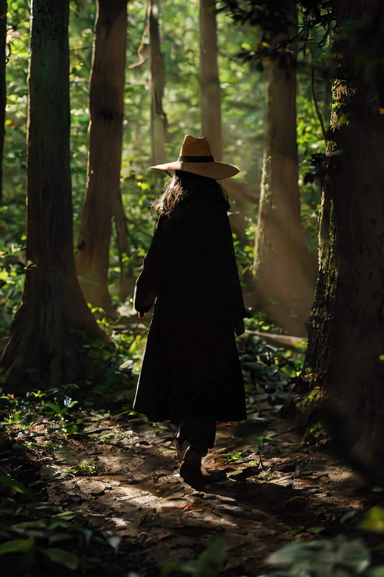 The girl wanders in the witch's forest, surrounded by tall pine trees and dim lights.