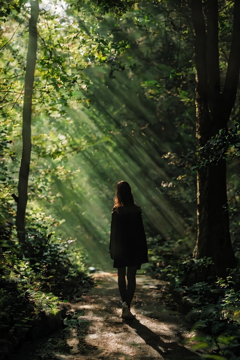 The girl wanders in the witch's forest, surrounded by tall pine trees and dim lights.