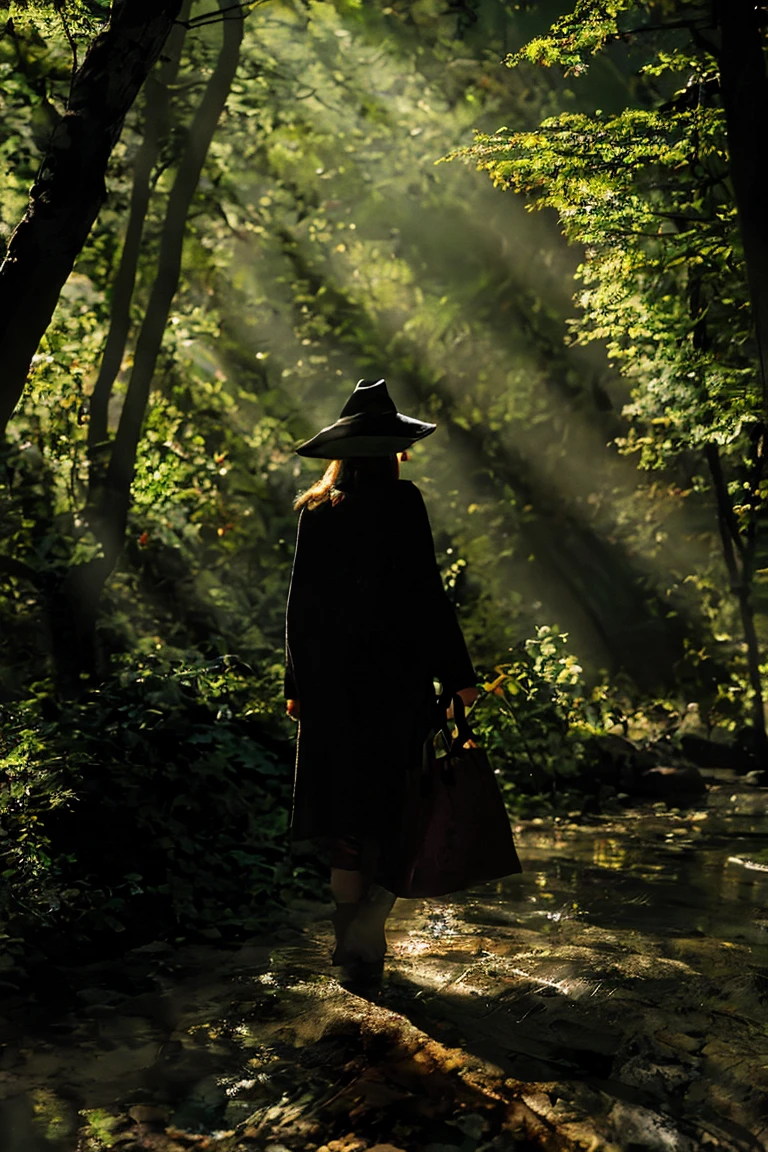 The girl wanders in the witch's forest, surrounded by tall pine trees and dim lights.