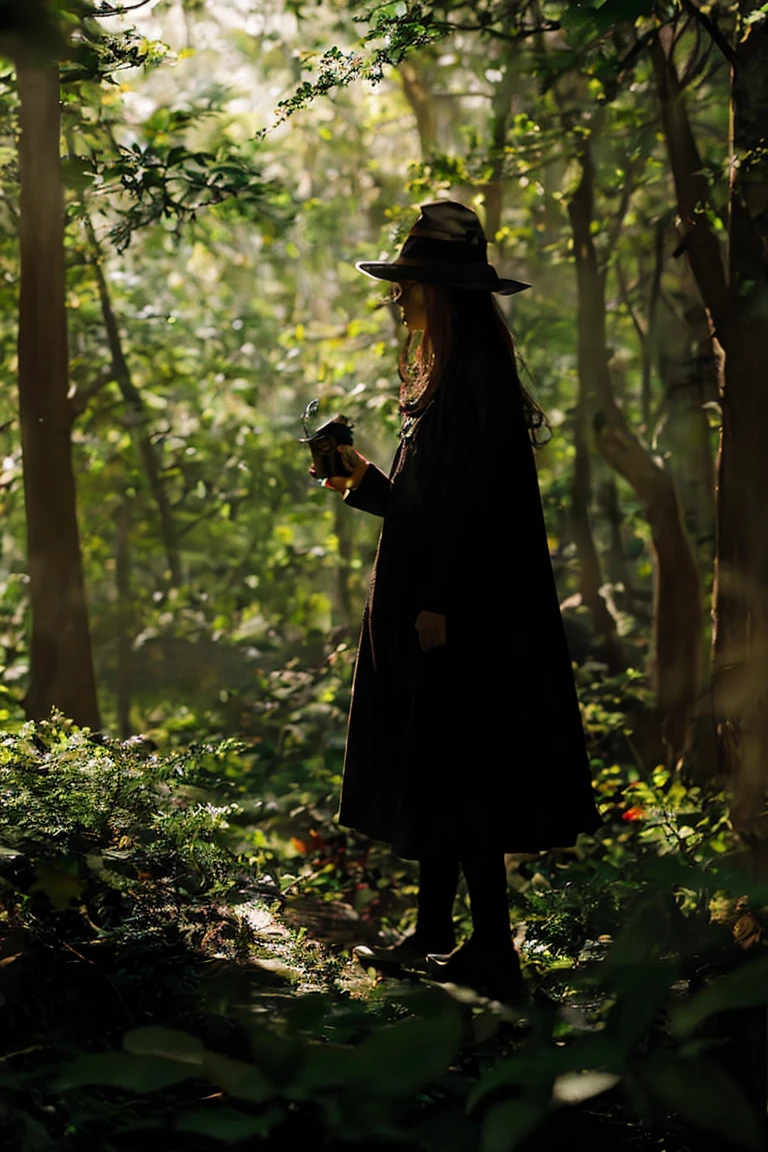 The girl wanders in the witch's forest, surrounded by tall pine trees and dim lights.