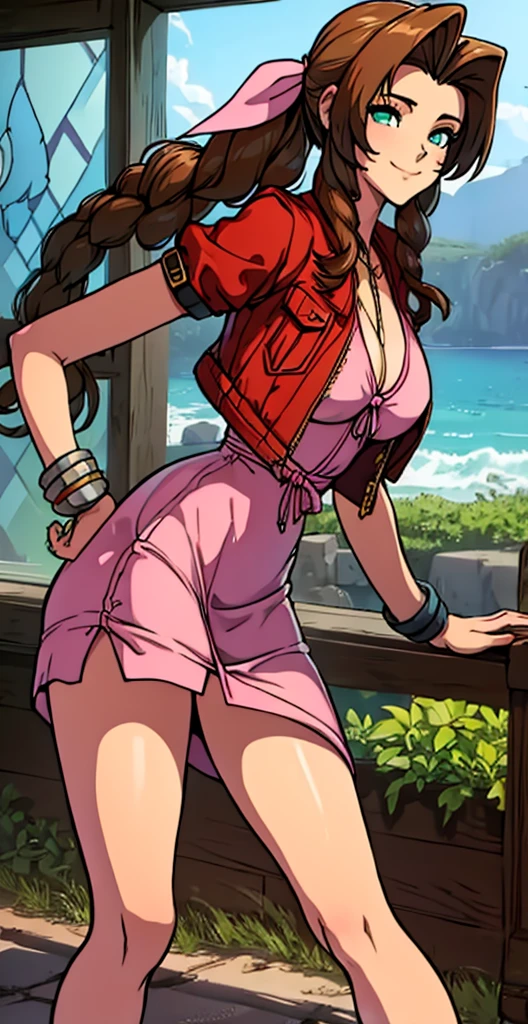 ​masterpiece, best qarity, Aerith Gainsborough, She is standing, she is raised, short dress, Athletic build, thin waste, broad hips, perky ass, gargantilha, Short jacket, hair bow, bracelet, pink dress, spectator side, smile, mouth shut, inside, stained glass, legs thick, big boobies, very short dress, she is standing, She is standing, beach scene