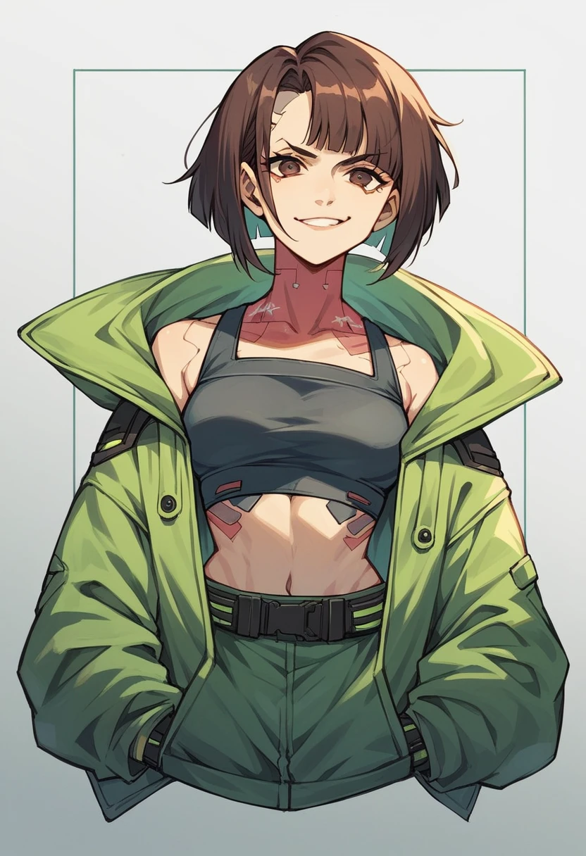 1girl, dark-green short bob cut hair, brown eyes, a black crop top and a green hoodie, smirking, cyberpunk city