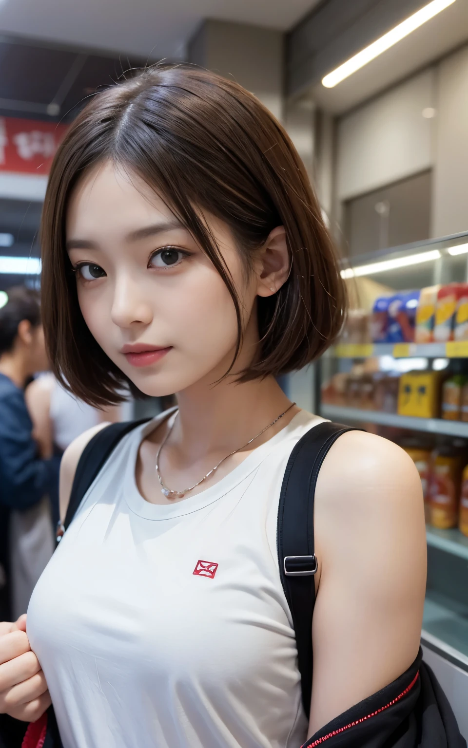 Cute 21 year old Japanese、shopping、Ultra-detailed facial features、Attention to detail、double eyelid、Beautiful and thin nose、Sharp Focus:1.2、beauty:1.4、(Light Brown Hair、Short Hair、)、Pure white skin、highest quality、masterpiece、超High resolution、(Photorealistic:1.4)、High resolution、Professional Lighting、nice smile、please show me your whole body、Casual pants、Colorful spring clothes、