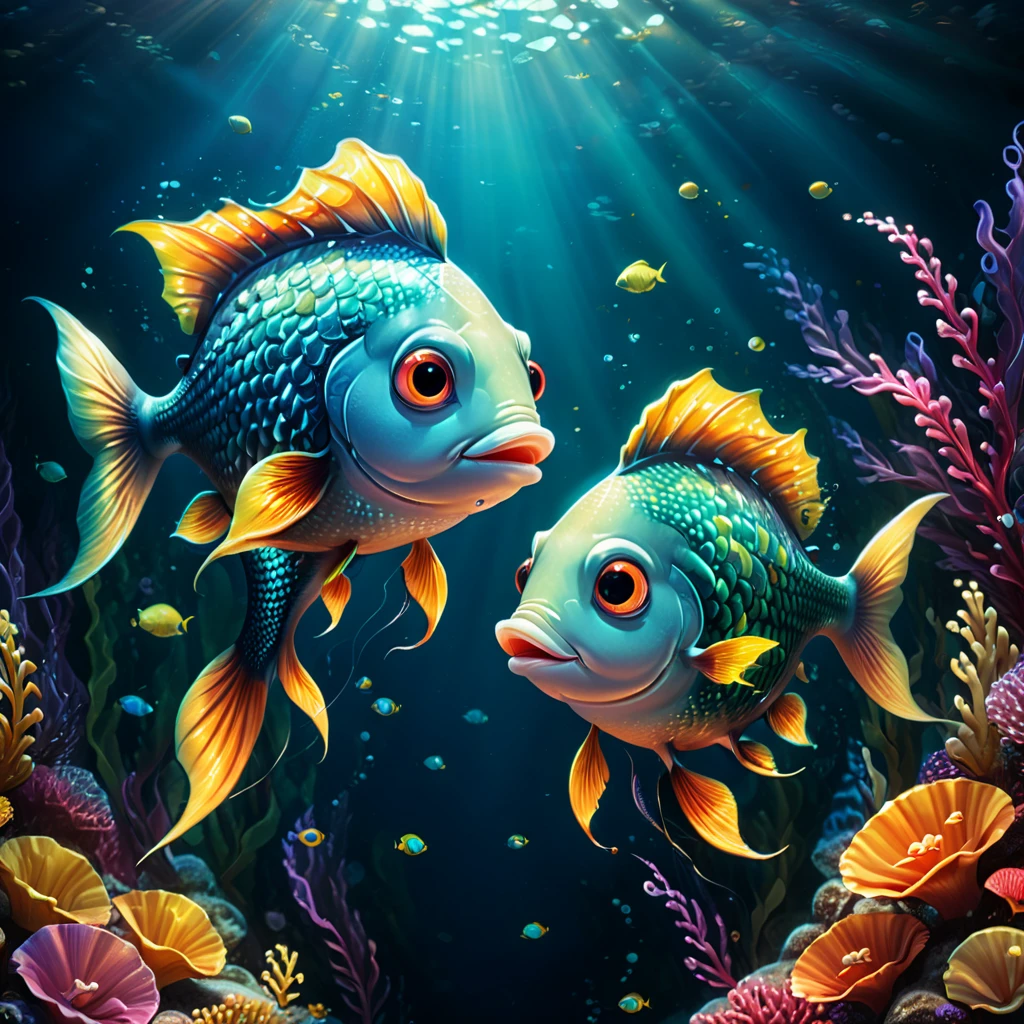 A cute fish with shiny scales couple on a date in the dark depths of the sea, deep ocean life, fantasy, children's storybook illustration,vibrant colors,detailed lighting, dramatic shadows, whimsical,highly detailed,digital art,concept art,4k,8k,photorealistic,masterpiece,ultra-detailed