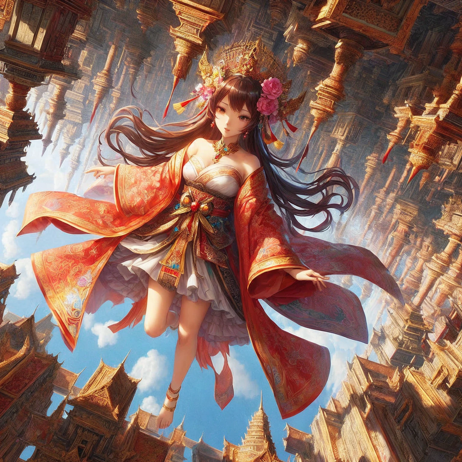 A woman in a red dress and crown is flying in the air., 2. 5 d cgi Fantasy anime artwork, Fantasy anime artwork, fantasy illustration of anime, beautiful fantasy anime, beautiful anime artwork, palace ， girl in hanfu, Golden Lotus Princess, Beautiful Fantasy Empress, Very detailed RTM pathogen., Thai girl anime, anime goddess, beautiful anime art