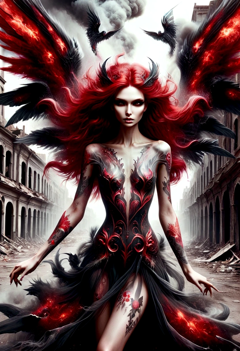 An attractive and provocative evil fallen angel tattooed Russian female with massive  naked, with large red and black angelic wings, long, loose red hair swaying in the air, attractive and provocative pose, pale thin,short loose dark colored dress, with transparencies, Exposed sheath, Military officer, sitting on the ground moving through the ruined streets of a burning apocalyptic city, surrounded by smoke and fog, after a great battle.