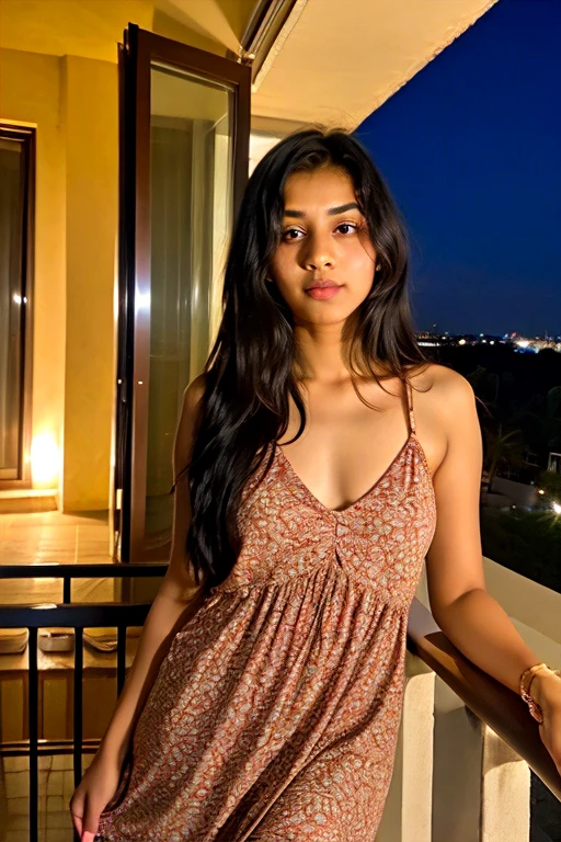 beautiful cute young attractive indian teenage girl, , 18 years old, cute, long black_hair, colorful hair, warm, dacing, in balcony, indian, wearing night dress,night