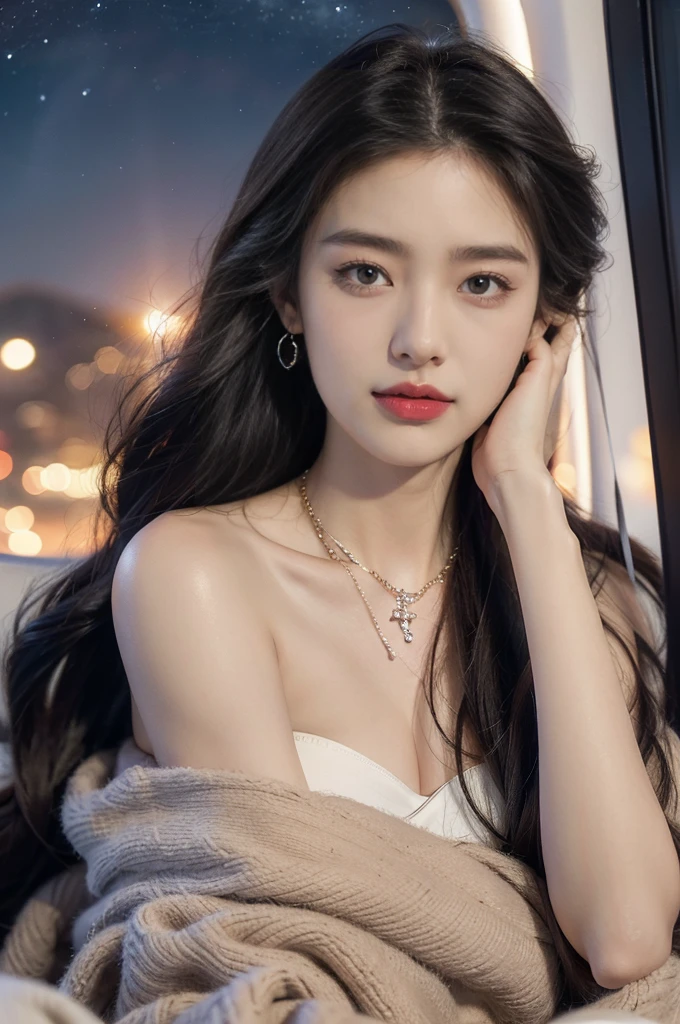 (((best quality))),(((ultra detailed))),(((masterpiece))),illustration,(a beautiful girl,female passenger,solo),(parted red lips),((slim,thin,small breasts,flat chest)),((earrings,crystal necklace)),summer night,((in airplane,economy class,indoor)),(blanket over shoulders:1.3),((strapless bra)),(shoulder length straight bob hair:1.2),stars,moonlight,smooth flight,engine sound,lullaby,relaxed,excited,laughing,visiting family,comfortable seats,soft fabric,headrests,adjustable,beauty of night sky,dimmed lights,sleeping passengers,movies,personal screens,staying awake,magic of sky,joy of being with family,memorable journey,adventures,(surrounded by crowded crowds:1.3),(Outside the window is high-altitude night view:1.2),((from front,close-up of face))