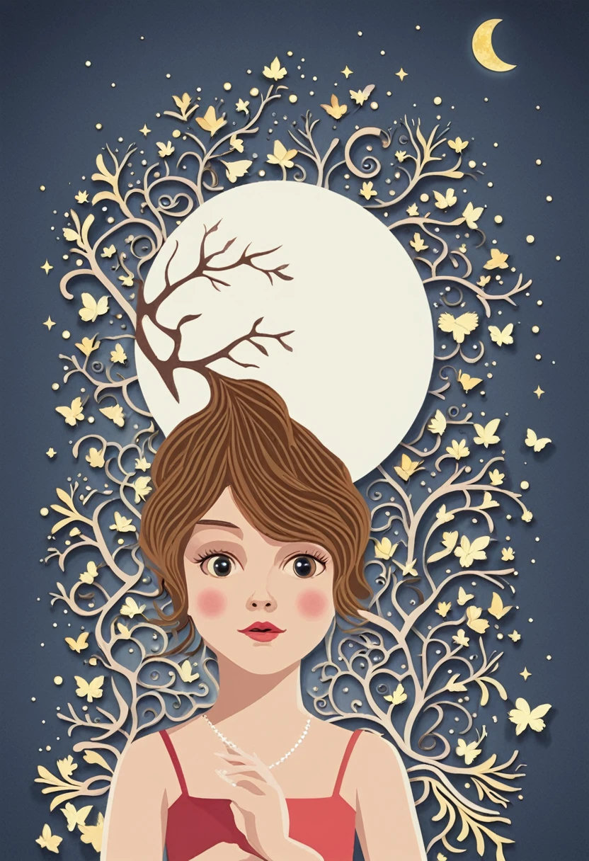 ((((Masterpiece))), Best quality, Illustrations, Beautiful details glow,
Paper_cut, girl face details clear to the camera, tree, Moon, Butterfly,