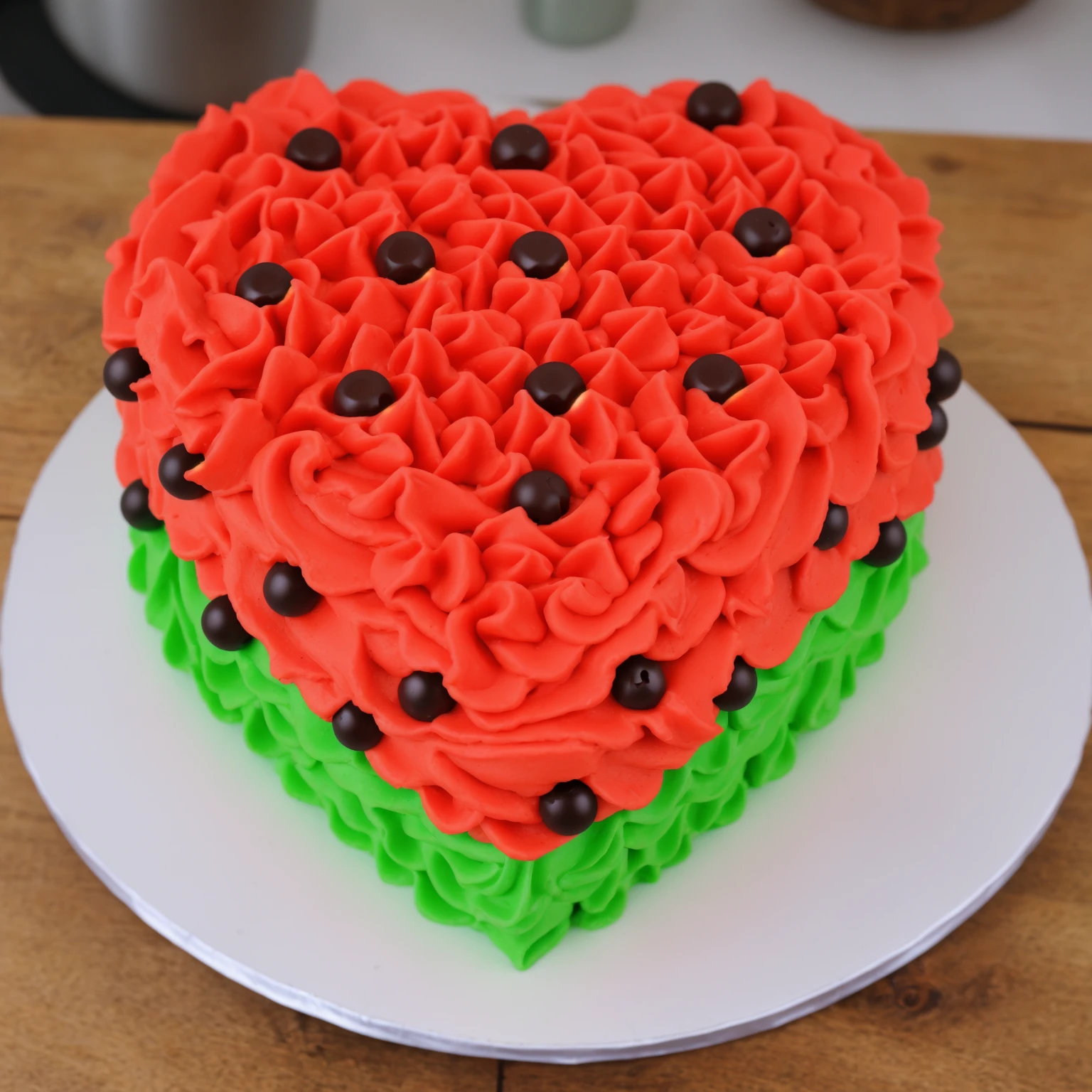on a wooden table, red and green cream heart cake, star shaped cream, with black plastic beads, Multiple light sources, bright lighting, Realistic style , realistic texture, detailed texture, A high resolution, high quality,
