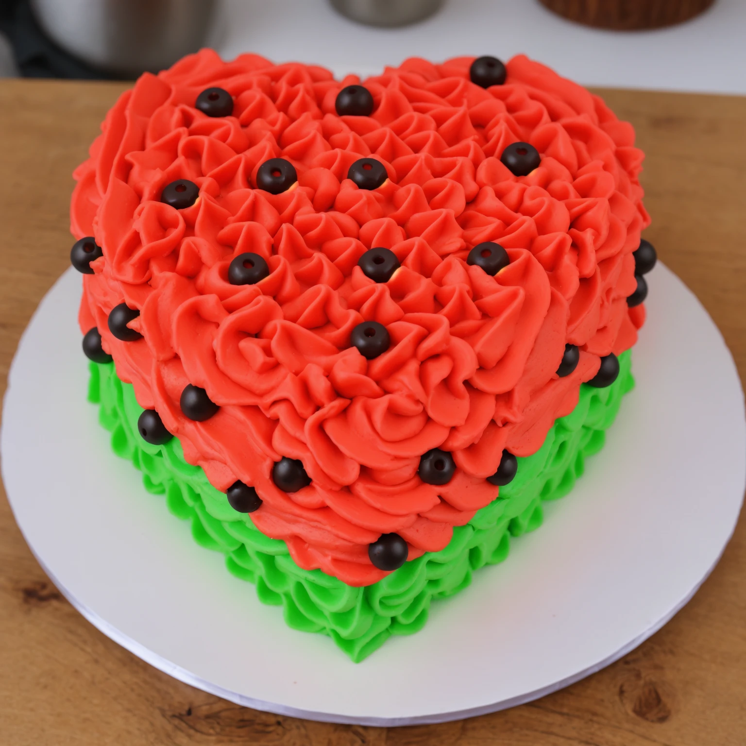 on a wooden table, red and green cream heart cake, star shaped cream, with black plastic beads, Multiple light sources, bright lighting, Realistic style , realistic texture, detailed texture, A high resolution, high quality,