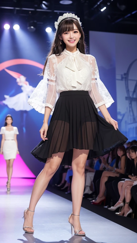 Amazingly large eyes、Smiling expression with white teeth visible、H cup bust、50cm waist、Slender and fair-skinned、Japan woman with long hair、20-year-old、Slim figure、Wearing a pleated skirt and a sheer lace blouse that flutters in the vivid breeze、Wearing high heels。On the runway at a fashion show、Her whole body was shown, from her high heels to her head, as she walked towards the viewer.、Bright, photo-quality images。