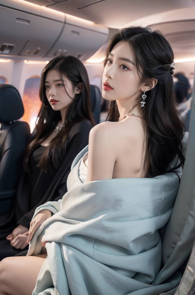 (((best quality))),(((ultra detailed))),(((masterpiece))),illustration,(a beautiful girl,female passenger,solo),(parted red lips),((slim,thin)),((bare back,towering hips,butt crack)),((earrings,crystal necklace)),(slender legs:1.2),(sitting on the seat:1.2),summer night,((in airplane,economy class,indoor)),(blanket over shoulders:1.3),((dress)),(shoulder length straight bob hair:1.2),stars,moonlight,smooth flight,engine sound,lullaby,relaxed,excited,laughing,visiting family,comfortable seats,soft fabric,headrests,adjustable,beauty of night sky,dimmed lights,sleeping passengers,movies,personal screens,staying awake,magic of sky,joy of being with family,memorable journey,adventures,(surrounded by crowded crowds:1.3),(Outside the window is high-altitude night view:1.2),((from back,upper body))
