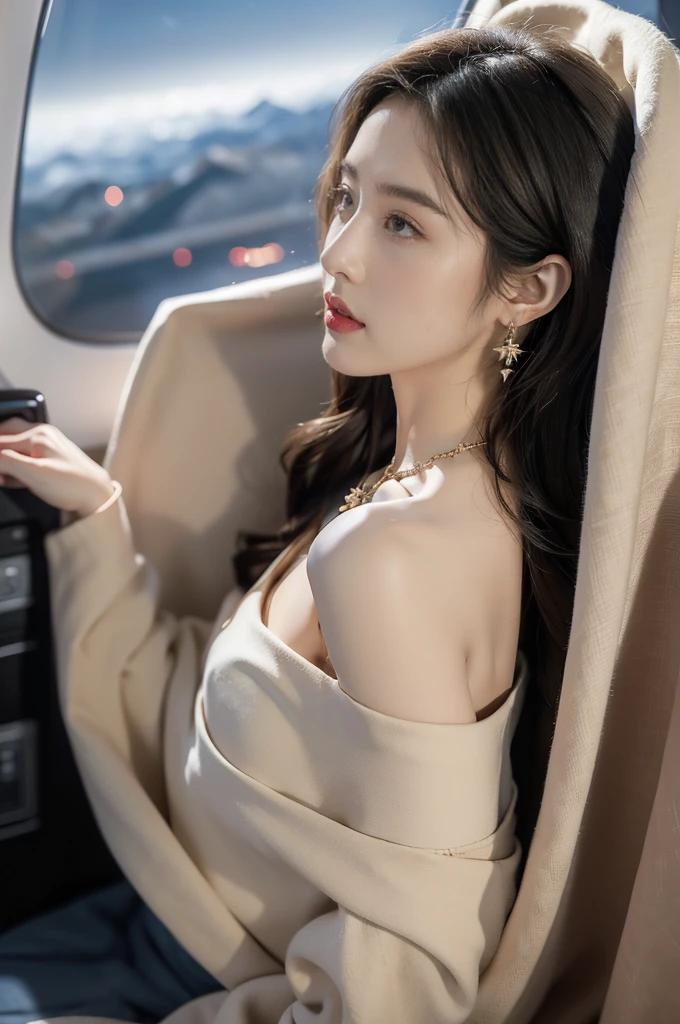 (((best quality))),(((ultra detailed))),(((masterpiece))),illustration,(a beautiful girl,female passenger,solo),(parted red lips),((slim,thin)),((bare back,towering hips,butt crack)),((earrings,crystal necklace)),(slender legs:1.2),(sitting on the seat:1.2),summer night,((in airplane,economy class,indoor)),(blanket over shoulders:1.3),((dress)),(shoulder length straight bob hair:1.2),stars,moonlight,smooth flight,engine sound,lullaby,relaxed,excited,laughing,visiting family,comfortable seats,soft fabric,headrests,adjustable,beauty of night sky,dimmed lights,sleeping passengers,movies,personal screens,staying awake,magic of sky,joy of being with family,memorable journey,adventures,(surrounded by crowded crowds:1.3),(Outside the window is high-altitude night view:1.2),((from back,upper body))