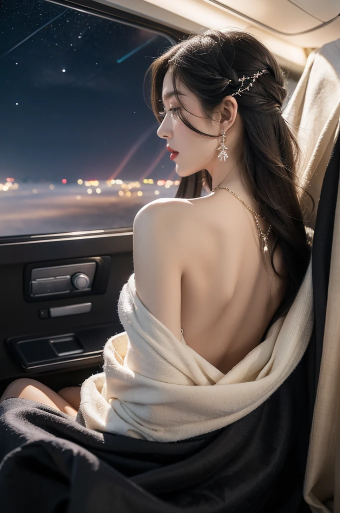 (((best quality))),(((ultra detailed))),(((masterpiece))),illustration,(a beautiful girl,female passenger,solo),(parted red lips),((slim,thin)),((bare back,towering hips,butt crack)),((earrings,crystal necklace)),(slender legs:1.2),summer night,((in airplane,economy class,indoor)),(blanket over shoulders:1.3),((dress)),(shoulder length straight bob hair:1.2),stars,moonlight,smooth flight,engine sound,lullaby,relaxed,excited,laughing,visiting family,comfortable seats,soft fabric,headrests,adjustable,beauty of night sky,dimmed lights,sleeping passengers,movies,personal screens,staying awake,magic of sky,joy of being with family,memorable journey,adventures,(surrounded by crowded crowds:1.3),(Outside the window is high-altitude night view:1.2),((from back,upper body))