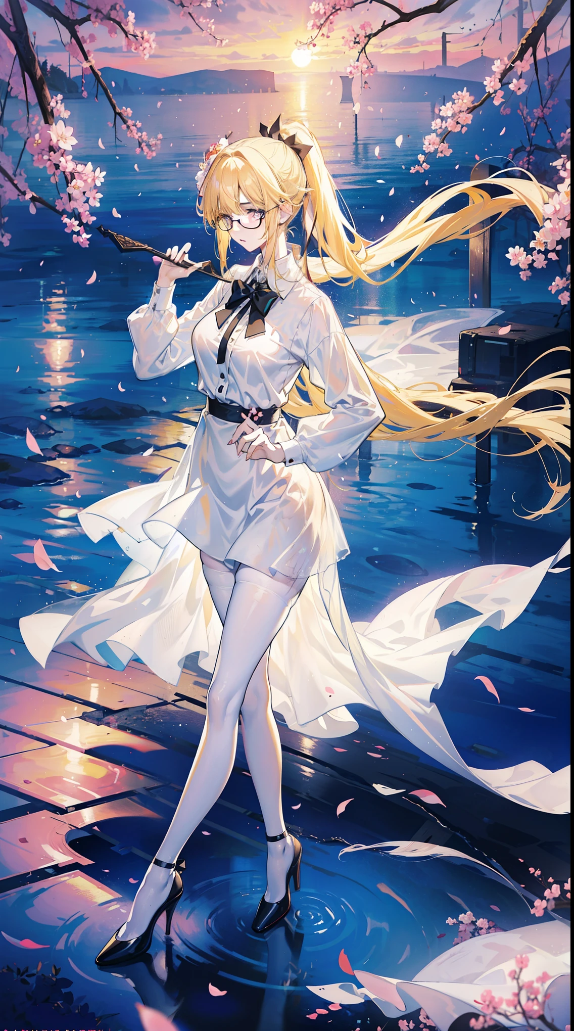 Young and beautiful Kathryn Newton, Glasses, White dress shirt, great neckline, Black Mini Dress, Dark pantyhose, High balance, Surreal, 14 years old, Model figure, Large Breasts, Beautiful breasts, Big Ass, Long hair, Ponytail, Blonde hair, Long legs, 8K, Cherry blossoms, sunrise, Detailed reflection, Anime style, sad
