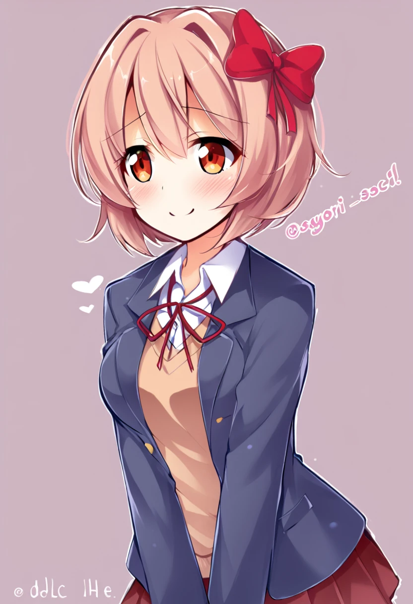 one girl, Sayori, hair bow, short hair, school blazer, DDLC, cute, smile, I stroke her head