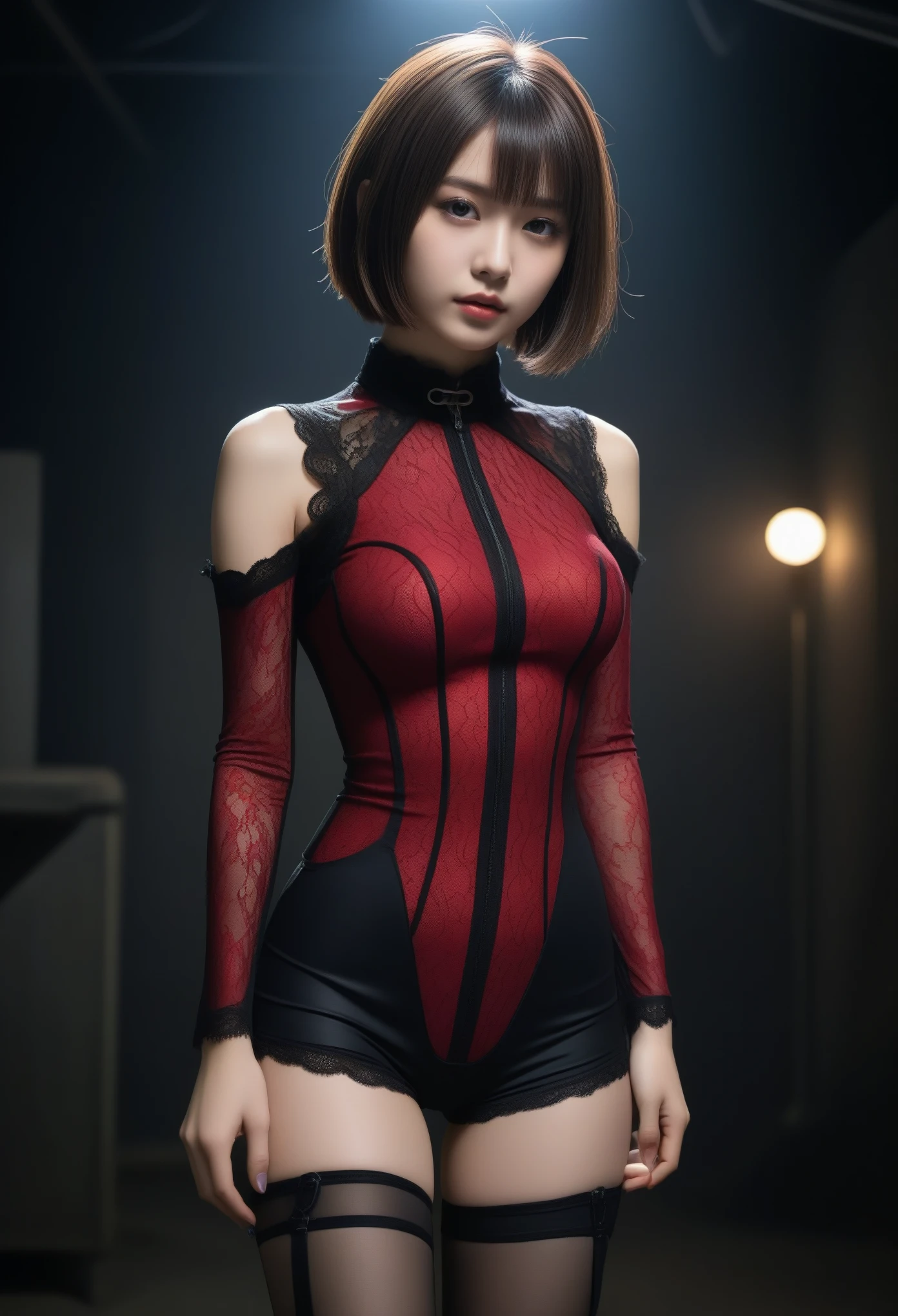 8K, Ultra-high resolution, Highest quality, masterpiece, Surreal, photograph, 1 Girl, (:1.3), pretty girl, Cute face, Beautiful eyes in every detail, 細かくdetailedに,masterpiece,, One Girl:1.2, Japan Female Announcer, Brutal Cyberpunk Woman,Bob Haircut,(Futuristic Leotard:1.05),High leg cut,Lace blouse,(lace stockings with garters), (Red bondage and red gothic lolita)),Arending,Beautiful leg line beauty, (In a post-apocalyptic scenario:1.2),Expression of despair,Dark and atmospheric lighting, This pose expresses a somber ecstasy..,Bold Pose,Looking at the audience、beauty,Long neck、Laugh a little、Please close your mouth and laugh、(((Ideal body type))),A-cup small breasts :2,、Portraiture:2、Perfect Anatomy、鮮明なdetailed、detailed、Surreal、Light and shadow,Strong light