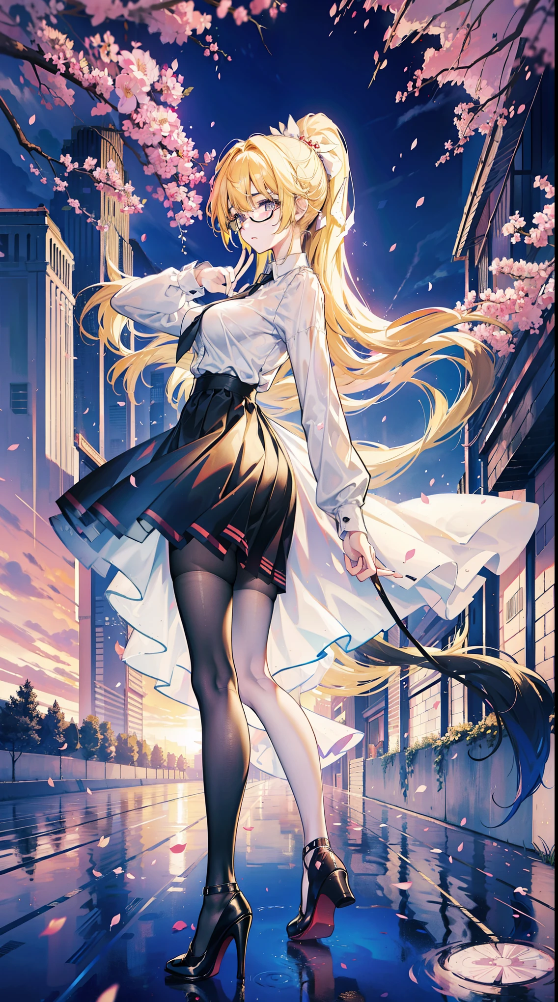 Young and beautiful Kathryn Newton, Glasses, White dress shirt, great neckline, Black Mini Dress, Dark pantyhose, High balance, Surreal, , Model figure, Large Breasts, Beautiful breasts, Big Ass, Long hair, Ponytail, Blonde hair, Long legs, 8K, Cherry blossoms, sunrise, Detailed reflection, Anime style, sad