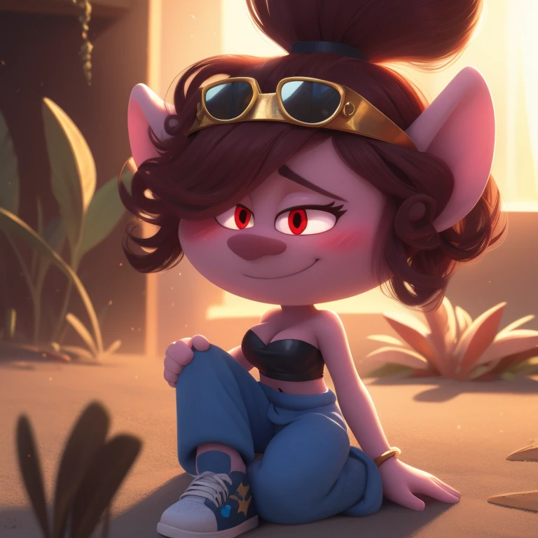 Queen poppy, trolls, strapless crop top, baggy pants, high-top sneakers, cleavage, two-tone hair (brown hair, black tip)), curly hair, halo, sunglasses, jewelry, red eyes, longeyelashes, red eyes, smile, shy, blush, high detail, masterpiece, UHD, anatomically correct, super detail, highres, 4K