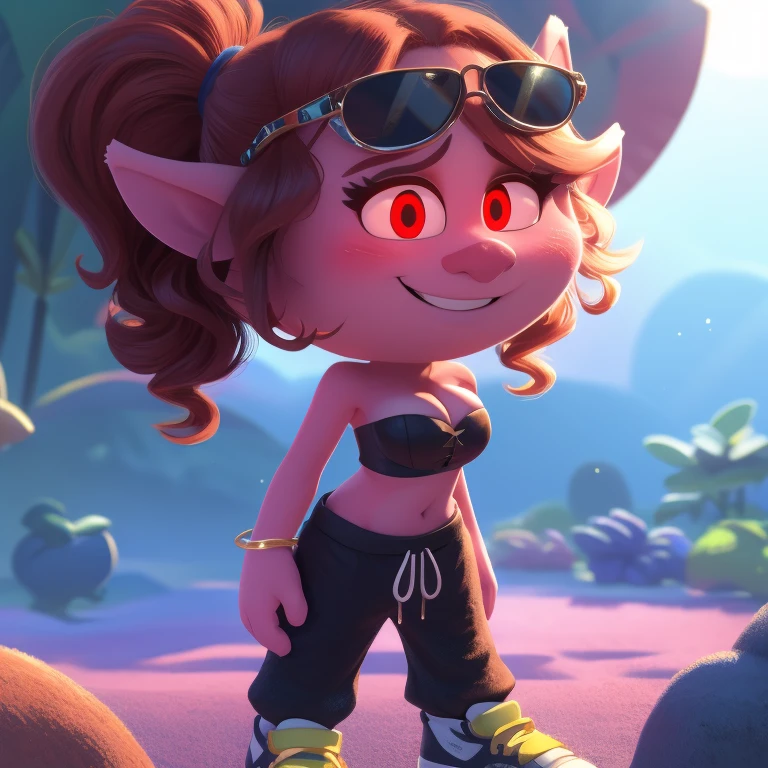 Queen poppy, trolls, strapless crop top, baggy pants, high-top sneakers, cleavage, two-tone hair (brown hair, black tip)), curly hair, halo, sunglasses, jewelry, red eyes, longeyelashes, red eyes, smile, shy, blush, high detail, masterpiece, UHD, anatomically correct, super detail, highres, 4K