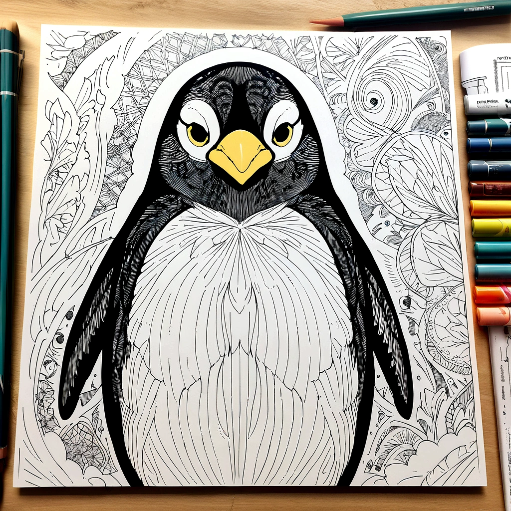 Penguin Drawing, Coloring page, Highly detailed illustration, Highly detailed line art, Very fine line work, Highly detailed portrait, Extremely detailed line work, Highly detailed line art, Highly detailed drawings, Line drawing coloring book, Highly detailed illustration.", Highly detailed portrait, Highly detailed illustration, Highly detailed artwork, detailed digital drawings